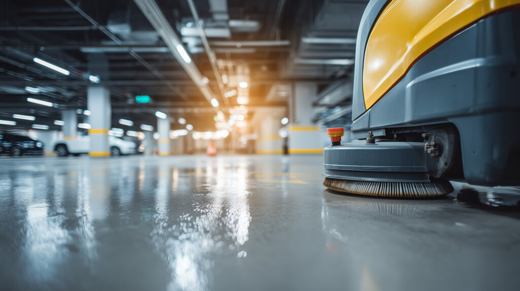 Garagenreinigung Wien — Tiefgarage mit Scheuersaugmaschine im Einsatz Bling Bling Premium Reinigung Wien